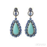 Gold, Turquoise, and Sapphire Earrings, each turquoise drop framed by cabochon sapphires, single-cut