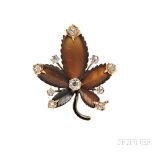 Antique 18kt Gold, Hardstone, and Diamond Pendant/Brooch, the hardstone leaf with old mine-cut