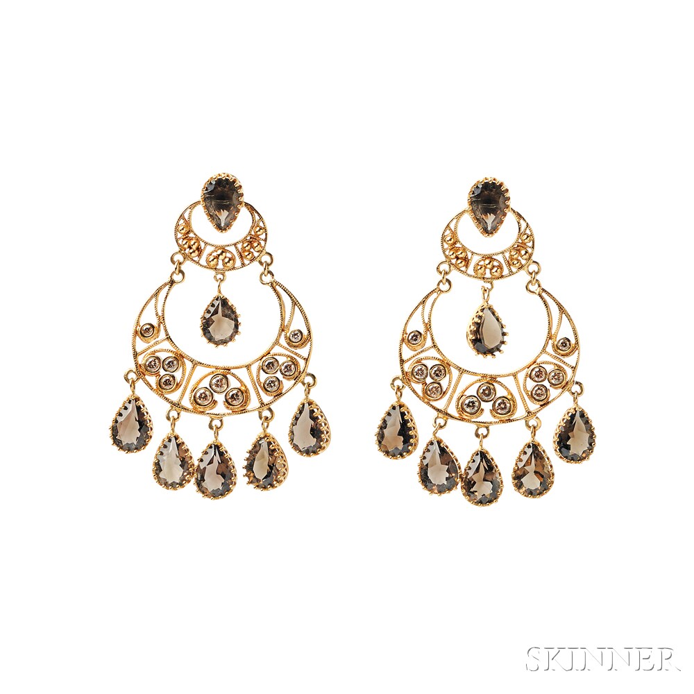 18kt Gold, Citrine, and Colored Diamond Earrings, the filigree hoops suspending citrine drops with