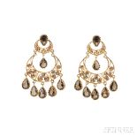 18kt Gold, Citrine, and Colored Diamond Earrings, the filigree hoops suspending citrine drops with