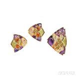 18kt Gold Gem-set Fish Suite, comprising a brooch and earclips, each set with buff-top colored