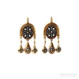 Antique Gold and Micromosaic Earrings, c. 1870, in black and white tesserae, suspending drops, lg. 1