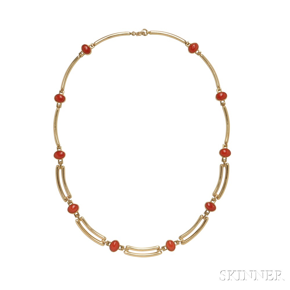 18kt Gold and Coral Necklace, designed as a collar with bezel-set coral cabochons, 17.0 dwt, lg.