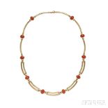 18kt Gold and Coral Necklace, designed as a collar with bezel-set coral cabochons, 17.0 dwt, lg.