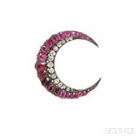 Antique Ruby and Diamond Crescent Brooch, set with cushion-cut rubies and old mine-cut diamonds,