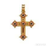 22kt Gold, Sapphire, and Enamel Cross, set with cabochon sapphires, the sides with cabochon