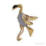 18kt Gold Gem-set Bird Brooch, designed as a flamingo with cabochon dyed blue chalcedony belly, 8.