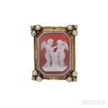 Arts & Crafts 14kt Gold and Hardstone Cameo Brooch, depicting two cherubs leaning on a plinth, frame