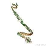 18kt Gold, Enamel, and Diamond Snake Bracelet, the flexible snake with green and white enamel