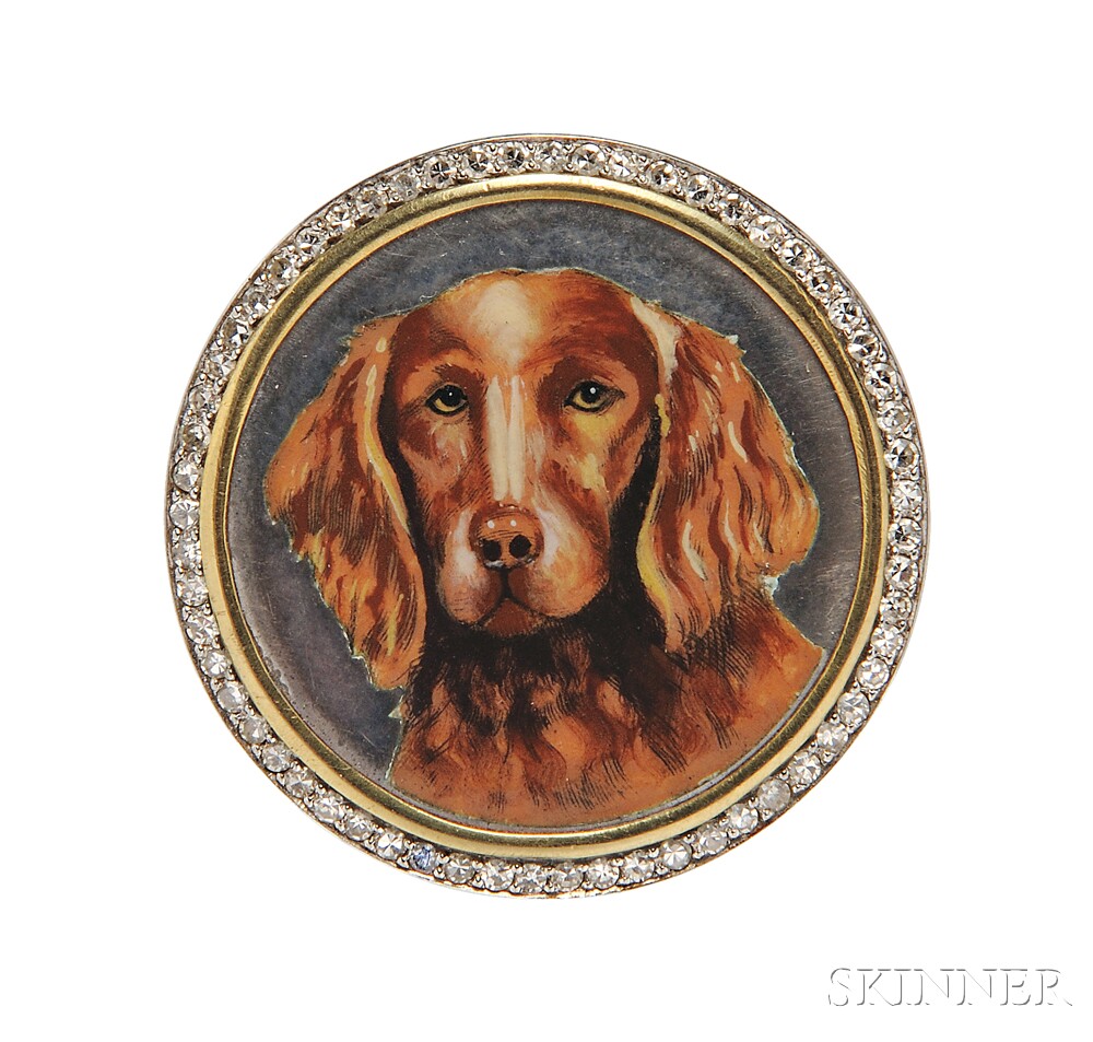 Art Deco Enamel and Diamond Brooch, depicting a setter within a frame of single-cut diamond melee,