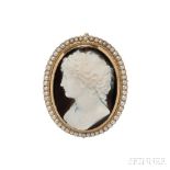 Antique Gold and Hardstone Cameo Brooch, depicting a maiden with flowing hair, framed by split