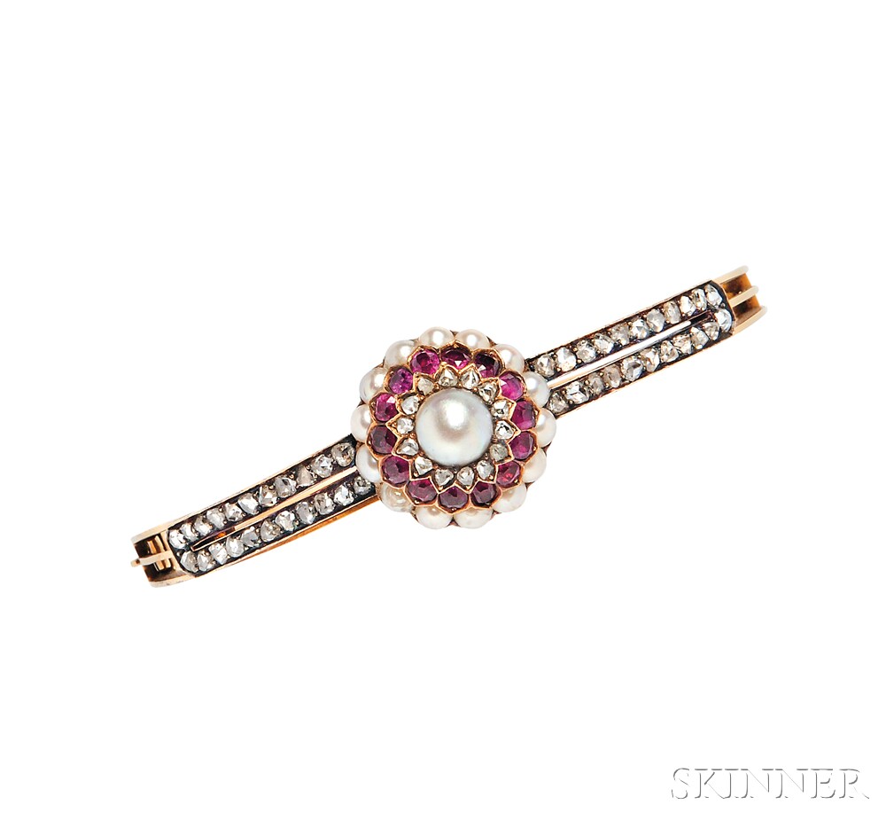 Pearl, Ruby, and Diamond Bracelet, the antique element with a cluster of rubies and split pearls