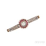 Pearl, Ruby, and Diamond Bracelet, the antique element with a cluster of rubies and split pearls