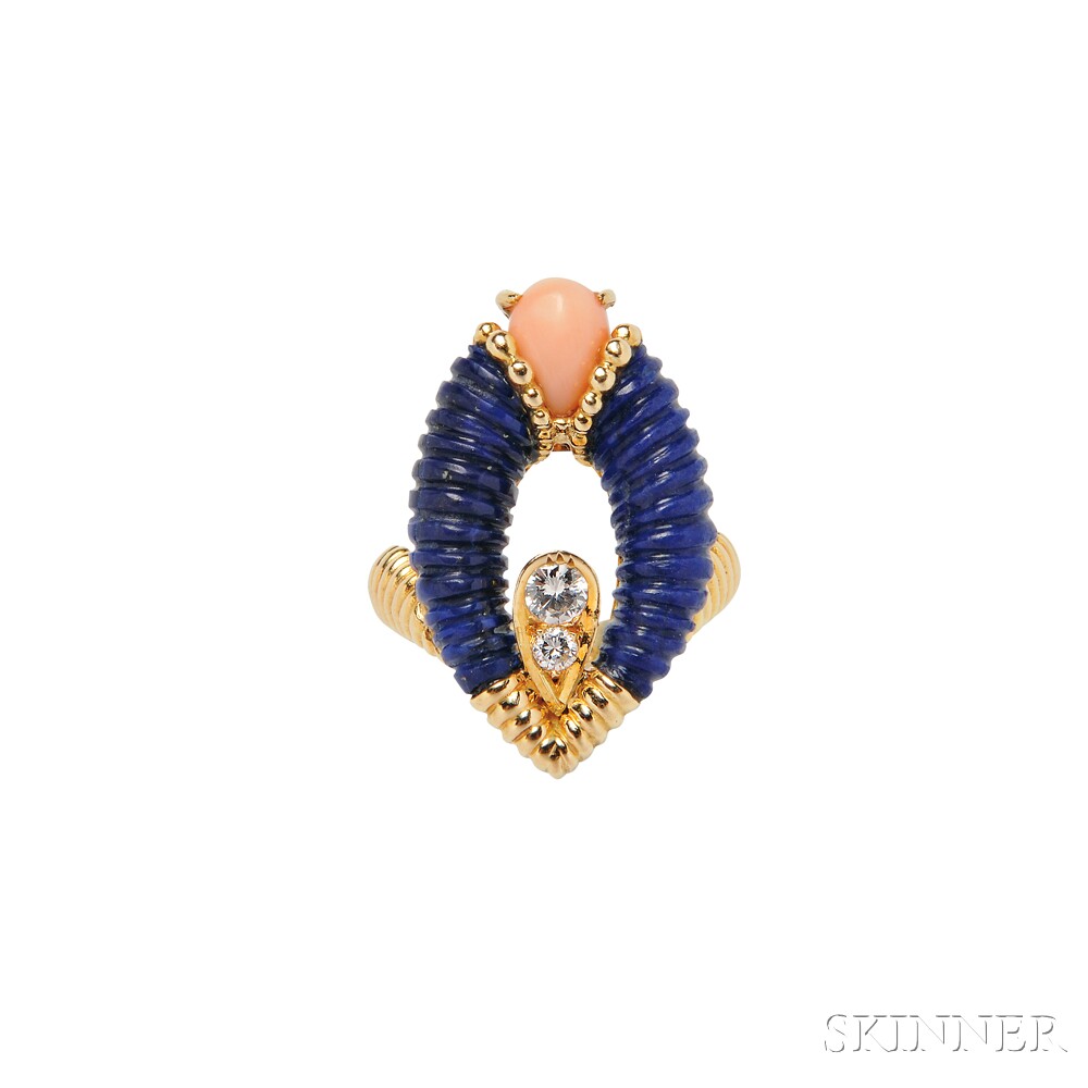 18kt Gold, Lapis, and Coral Ring, Fred, France, of navette-form set with ribbed lapis, a pear-