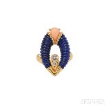 18kt Gold, Lapis, and Coral Ring, Fred, France, of navette-form set with ribbed lapis, a pear-