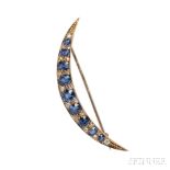 Antique Gold, Sapphire, and Diamond Crescent Brooch, set with nine cushion-cut sapphires