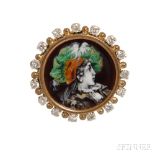 Limoges Enamel and Diamond Ring, the antique Limoges enamel plaque depicting an elegantly attired