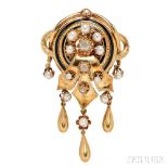 Antique Gold, Diamond, and Pearl Brooch, set with pearls and old mine-cut diamonds, black enamel