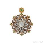 Carved Moonstone, Diamond, and Demantoid Garnet Pendant/Brooch, the carved moonstone within a star