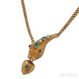 Victorian Gold Gem-set Snake Necklace, the head set with emeralds and split pearls, cabochon