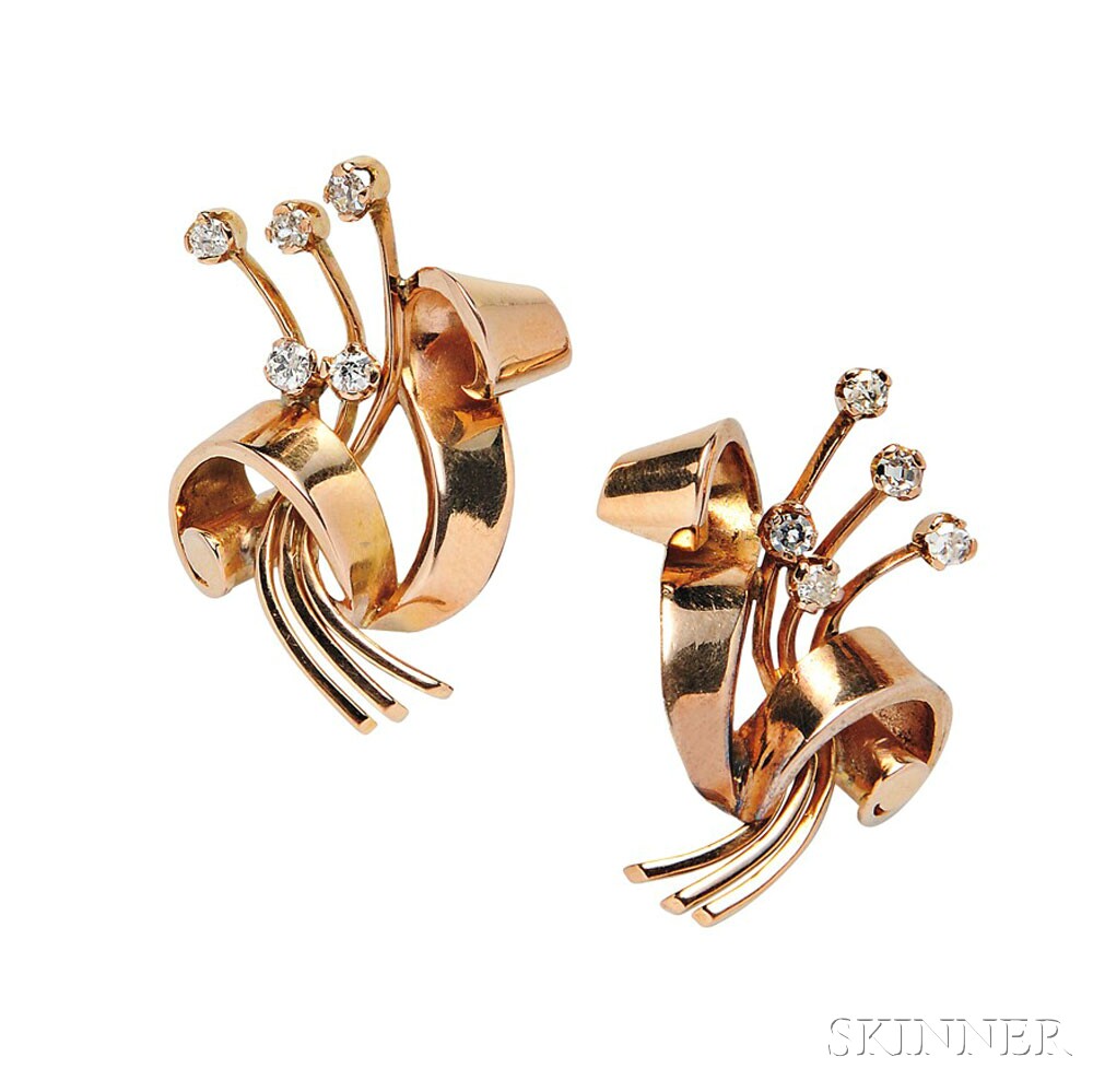 Retro 18kt Gold and Diamond Earclips, each designed as a flower spray set with diamond melee, 7.4