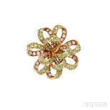 Antique Gold, Demantoid Garnet, and Diamond Brooch, designed as a ribbon set with demantoid