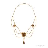 Gold and Citrine Necklace, c. 1900, set with circular-cut citrine clover motifs and joined by