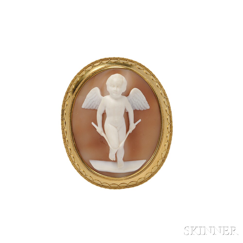 Antique Gold and Shell Cameo Brooch, depicting a putto in high relief, the frame with applied