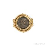 18kt Gold and Bronze Coin Ring, bezel-set with an ancient-style coin in a ribbed mount, 17.0 dwt,