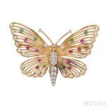 18kt Gold Gem-set Butterfly Brooch, set with circular-cut rubies and emeralds, and full- and