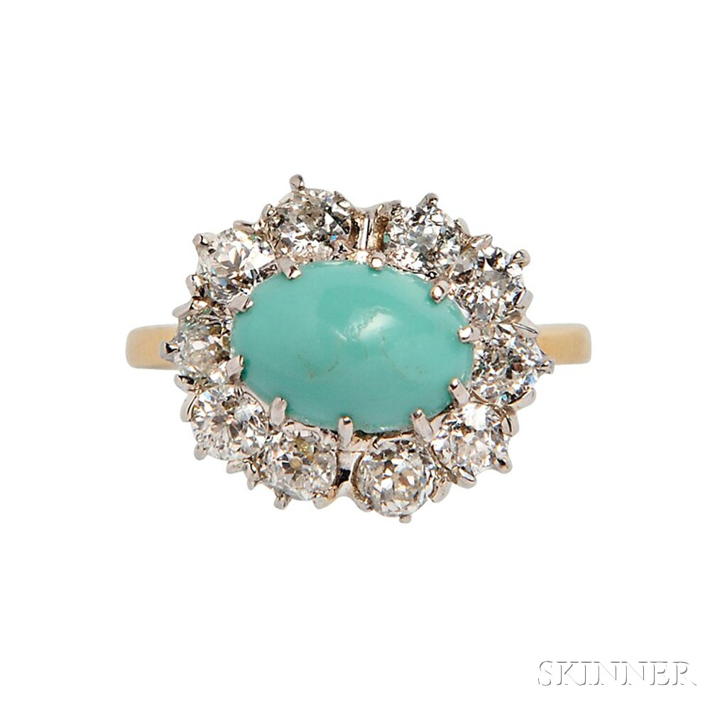 18kt Gold, Turquoise, and Diamond Ring, centering a turquoise cabochon measuring 6.95 x 9.75 x 4.