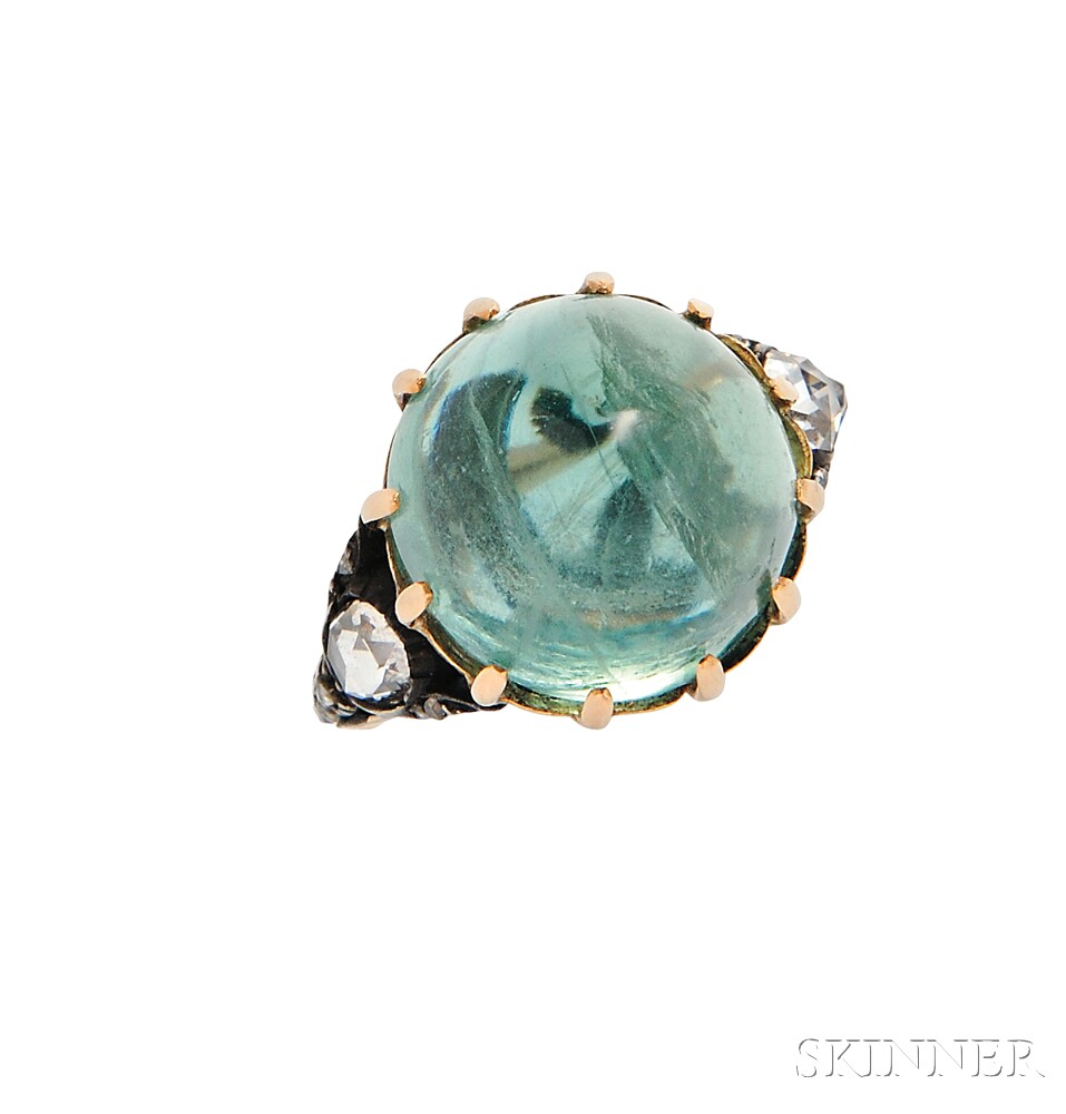 Emerald and Diamond Ring, prong-set with a high-domed circular cabochon emerald measuring approx. - Bild 2 aus 2