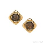 18kt Gold and Ancient Bronze Coin "Monete" Earclips, Bulgari, each set with a Roman coin depicting