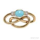 18kt Gold and Turquoise Brooch, designed as a knot and set with an oval turquoise cabochon with