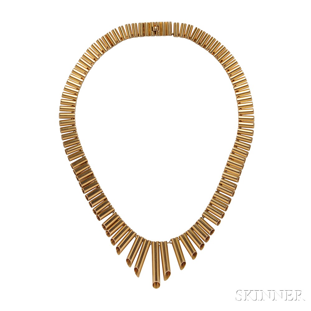 Retro 18kt Gold Necklace, France, designed as a fringe of tubular links, 38.4 dwt, lg. 15 in.,