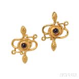 22kt Gold and Cabochon Garnet Earclips, Zolotas, each snake motif with cabochon garnet centers, 12.2