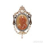 Antique Hardstone Cameo Brooch, France, depicting a Roman lady with a palla drawn over her head as a