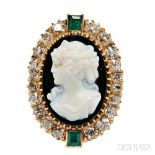 Victorian Gold, Hardstone Cameo, and Diamond Pendant/Brooch, depicting a maiden with diadem and