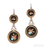 Antique Gold and Pietra Dura Earrings, depicting birds and flowers, lg. 1 3/4 in. Antique Gold and