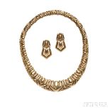 18kt Gold Necklace and Earclips, Boucheron, France, the necklace of fancy links together with a pair