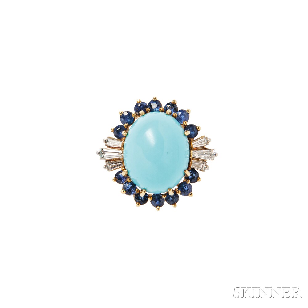 18kt Gold and Turquoise Ring, set with an oval cabochon turquoise measuring 14.50 x 11.70 mm, framed
