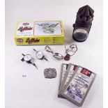 A box of miscellaneous collectables including Police lantern, an Airfix bird kit and two diameter