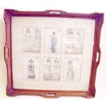 A glazed mahogany tray with six inset fashion plates - 56 x 60cm