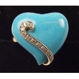 A 14 ct gold ring of turquoise heart form mounted diamond set tendril