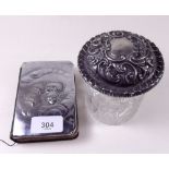 A Victorian cut glass toiletry jar with silver lid embossed scrollwork - Chester 1898 and a prayer