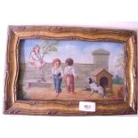 E La Tzarus ? - oil on canvas board naive courtyard scene with children and dog, 14 x 25cm
