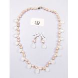 A pink pearl and moonstone necklace and earrings