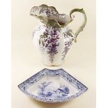 A Victorian stone china blue and white dish painted landscape and a Grimwades Victorian 'Wisteria'