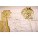 A Victorian silk embroidered and beaded bag, an Edwardian ladies shirt front and a collar
