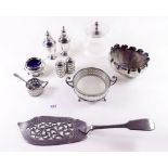 A group of silver plated cruets, preserve pot and sugar